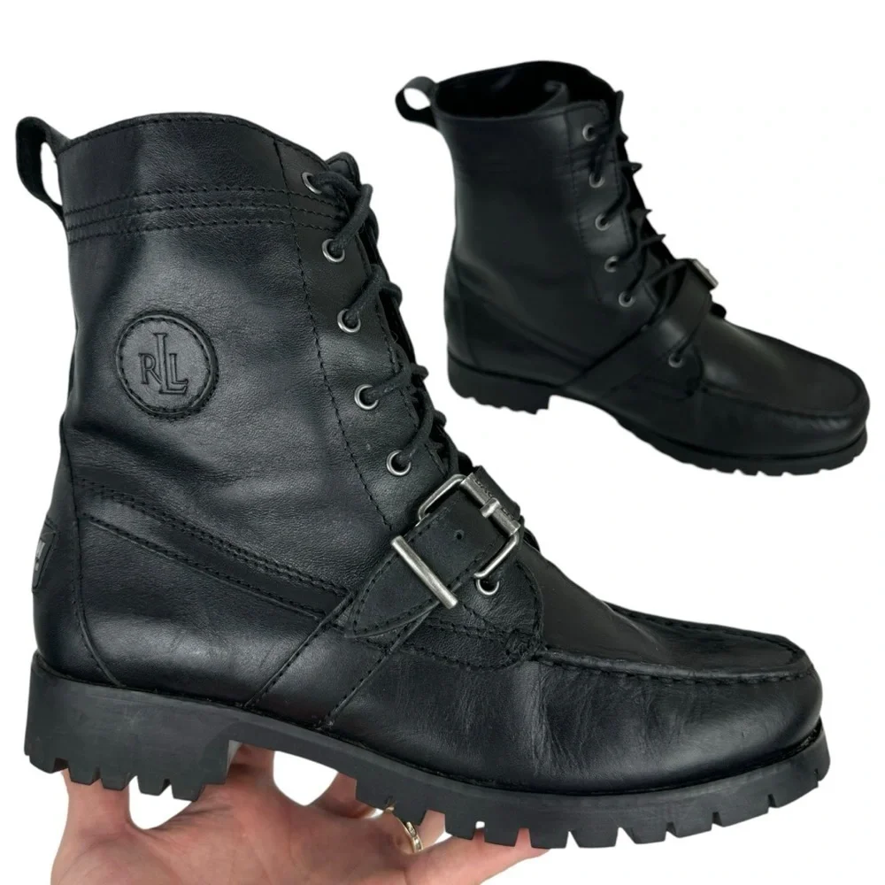 Lauren Ralph Lauren Zera Leather Lace Up Ankle Boots Black Buckle Womens Size 7B